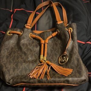 Michael Kors Brown and Tan Shoulder Bag with Signature Monogram